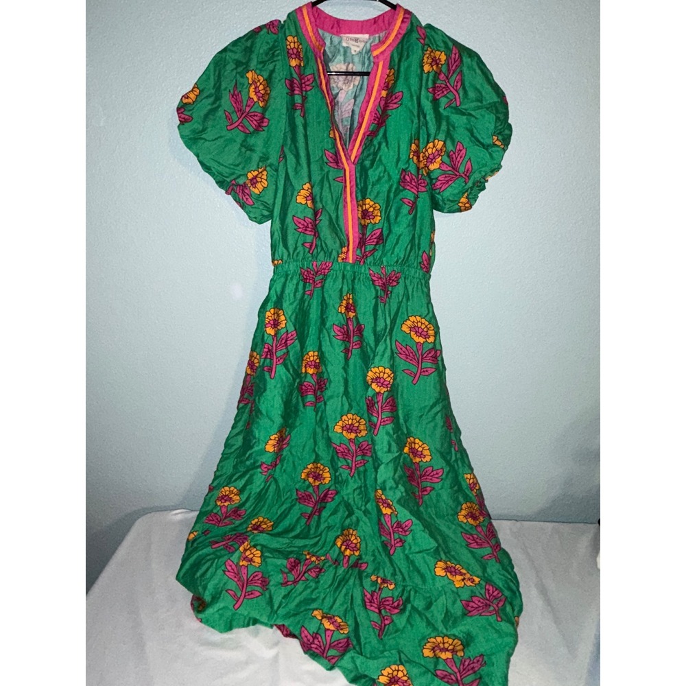 Umgee Green Floral Midi Dress Puff Sleeve V-Neck Boho Pink Orange Size S